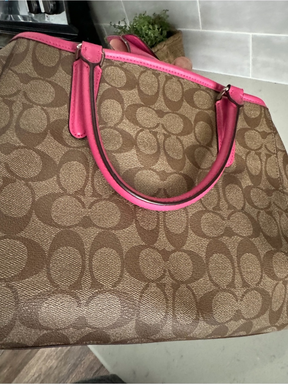 Coach Signature Canvas Tote with Hot Pink Trim